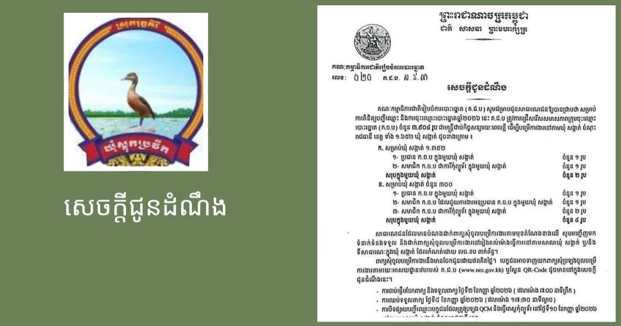 សេចក្ដីជូនដំណឹង  ស្ដីពី «ការប្រឡងជ្រើសរើសសមាសភាពក្រុមចុះឈ្មោះបោះឆ្នោត (ក.ច.ប ជាមន្រ្ដីជាប់កិច្ចសន្យារយៈពេលខ្លី)»